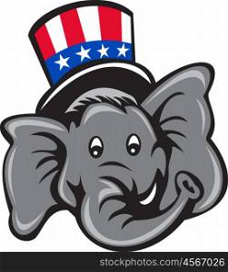 Illustration of an American Republican GOP elephant mascot head wearing usa stars and stripes top hat viewed from front set on isolated white background done in cartoon style. . Republican Elephant Mascot Head Top Hat Cartoon