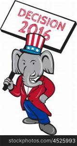 Illustration of an American Republican GOP elephant mascot standing wearing suit and stars and stripes hat holding placard sign with the words Decision 2016 set on isolated white background done in cartoon style. &#xA;