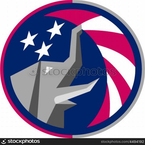 Illustration of an American Republican GOP elephant mascot viewed from the side set inside circle with USA stars and stripes flag in the background done in retro style. . Republican Elephant Mascot USA Flag Circle Retro