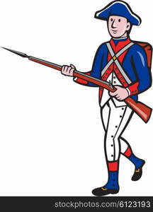 Illustration of an American revolutionary soldier minuteman serviceman military with rifle marching on isolated background done in cartoon style.
