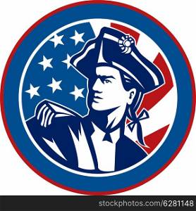 illustration of an American revolutionary soldier with Stars and stripes flag in background set inside a circle. American revolutionary soldier with Stars and stripes flag