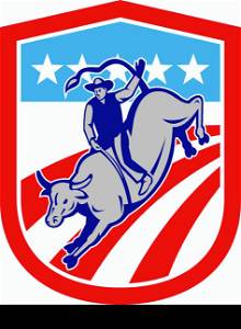 Illustration of an american rodeo cowboy riding bucking bull set inside shield crest with stars and stripes in the background done in retro style. . American Rodeo Cowboy Bull Riding Shield Retro