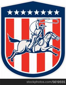 Illustration of an american rodeo cowboy riding horse with lasso rope set inside shield crest with stars and stripes done in retro style. . American Rodeo Cowboy Horse Lasso Shield Retro
