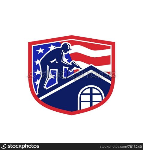 Illustration of an American roofer construction worker working on roof with hand drill and USA stars and stripes flag viewed from side set inside shield crest done in retro style. . American Roofer USA Flag Crest Retro