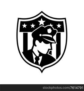 Illustration of an American security guard policeman or police officer looking to side set inside badge shield crest with stars done in retro Black and White style on isolated background.. American Security Guard Looking to Side Badge Crest Retro Black and White
