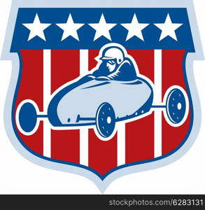 illustration of an american Soap box derby car with stars and stripes in the background.. american Soap box derby car with stars and stripes