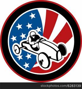 illustration of an american Soap box derby car with stars and stripes in the background.. american Soap box derby car with stars and stripes