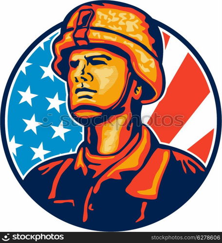 Illustration of an American soldier military serviceman looking forward with USA stars and stripes flag in background set inside circle.. American Serviceman Soldier Flag Retro