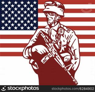 illustration of an American soldier serviceman carrying armalite rifle with stars and stripes flag in background. American soldier serviceman carrying armalite rifle
