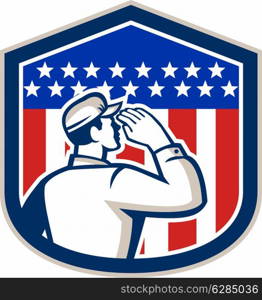 Illustration of an American soldier serviceman saluting USA stars and stripes flag viewed from rear set inside shield crest shape done in retro style.. American Soldier Saluting Flag Shield