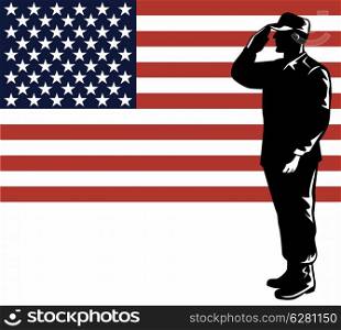 Illustration of an American soldier serviceman saluting with stars and stripes flag in background.