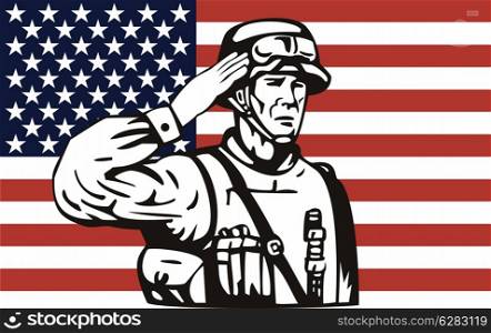 illustration of an American soldier serviceman saluting with stars and stripes flag in background. American soldier serviceman saluting