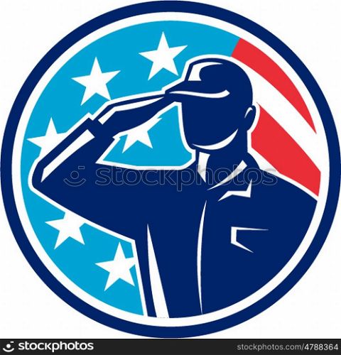 Illustration of an american soldier serviceman silhouette saluting set inside circle with usa flag stars and stripes in the background done in retro style. . American Soldier Serviceman Saluting Flag Circle Retro