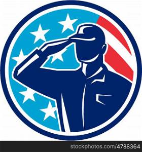 Illustration of an american soldier serviceman silhouette saluting set inside circle with usa flag stars and stripes in the background done in retro style. . American Soldier Serviceman Saluting Flag Circle Retro