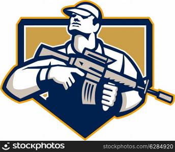 Illustration of an American soldier serviceman with assault rifle facing front looking up set inside shield crest on isolated white background.. Soldier Military Serviceman Assault Rifle Retro