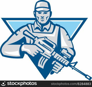 Illustration of an American soldier serviceman with assault rifle facing front set inside inverted triangle.