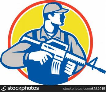Illustration of an American soldier serviceman with assault rifle facing side looking up set inside circle on isolated white background.. Soldier Military Serviceman Assault Rifle Side Retro