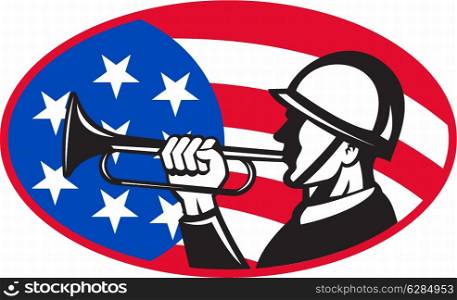 illustration of an American soldier with bugle and stars and stripes flag set inside ellipse done in retro style.&#xA;