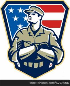 Illustration of an American solider military serviceman looking up with arms folded facing front with USA stars and stripes flag in background set inside crest shield.. American Soldier Arms Folded Flag Retro