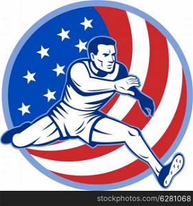 illustration of an American track and field athlete jumping with stars and stripes.. track and field athlete jumping stars and stripes