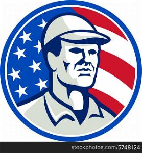 Illustration of an american worker wearing hat cap set inside circle with stars and stripes flag in background.