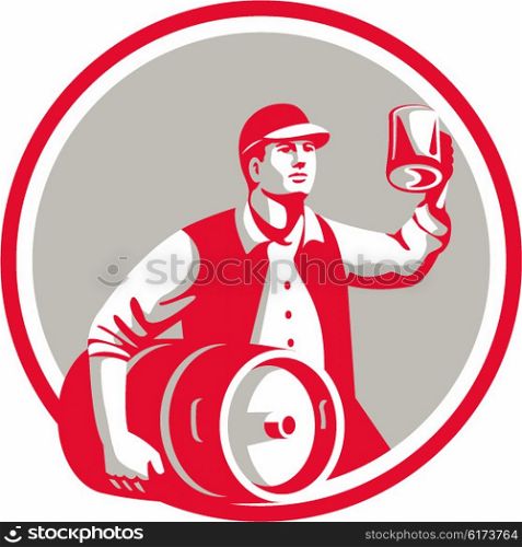 Illustration of an american worker wearing hat carrying keg on one hand and toasting beer mug on the other set inside circle on isolated background done in retro style. . American Worker Keg Toast Beer Mug Circle Retro
