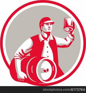 Illustration of an american worker wearing hat carrying keg on one hand and toasting beer mug on the other set inside circle on isolated background done in retro style. . American Worker Keg Toast Beer Mug Circle Retro