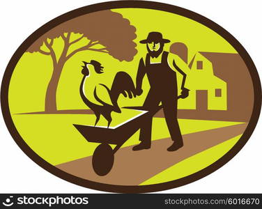 Illustration of an amish farmer wearing hat holding wheelbarrow with rooster on top set inside oval shape with tree and farmhouse in the background done in retro style. . Amish Farmer Rooster Wheelbarrow Farm Oval Retro