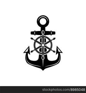 Illustration of an anchor with ship steering wheel in monochrome style. Design element for poster, card, banner, emblem, sign. Vector illustration