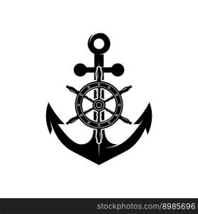 Illustration of an anchor with ship steering wheel in monochrome style. Design element for poster, card, banner, emblem, sign. Vector illustration