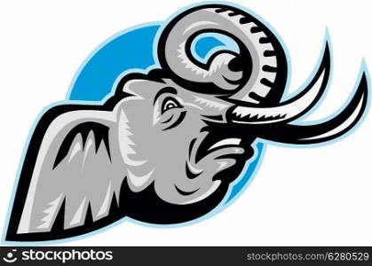 Illustration of an angry African elephant head with big tusk set inside circle done in retro style.. Angry African Elephant Head Retro
