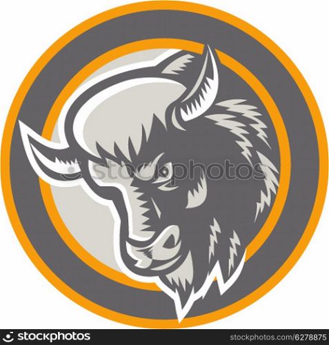 Illustration of an angry American buffalo bison bull head facing to side set inside circle done in retro woodcut style on isolated background.. American Buffalo Bison Head Circle Retro