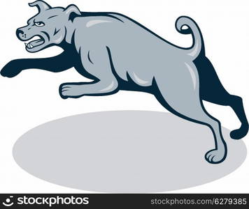 Illustration of an angry barking mastiff dog mongrel viewed from side jumping on white background done in cartoon style.. Mastiff Dog Mongrel Jumping Cartoon