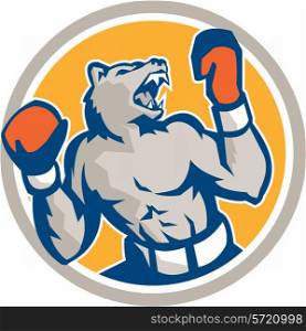 Illustration of an angry bear boxer with gloves looking up to the side set inside circle on isolated background done in retro style. . Angry Bear Boxer Gloves Circle Retro