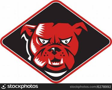 Illustration of an angry bulldog dog head facing front set inside diamond shape on isolated background.. Angry Bulldog Head Front Retro