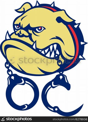 illustration of an Angry bulldog dog head with handcuffs on isolated white background done in cartoon style&#xA;