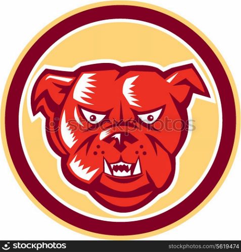 Illustration of an angry bulldog dog mongrel head mascot showing fangs facing front set inside circle on isolated background done in retro style.. Angry Bulldog Mongrel Head Circle Retro