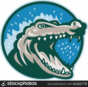 illustration of an Angry crocodile or alligator head snapping set inside circle. . Angry crocodile or gator head snapping