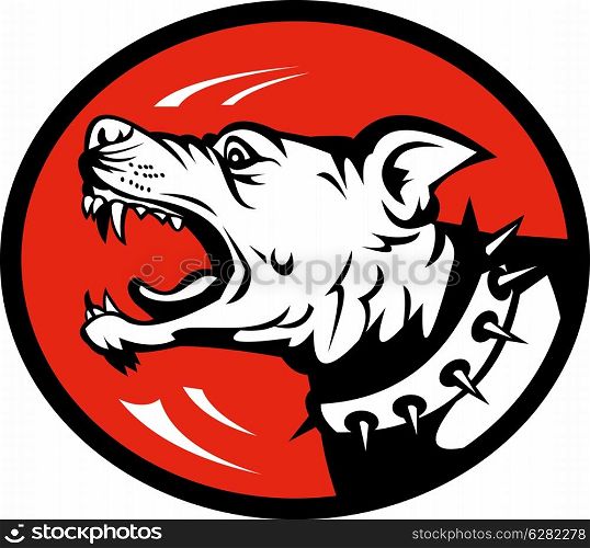 illustration of an Angry Dog barking side view set inside an ellipse. Angry Dog barking side view