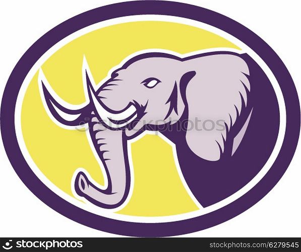 Illustration of an angry elephant head with tusks viewed from side on isolated background set inside oval done in retro style.. Elephant Head Side Oval