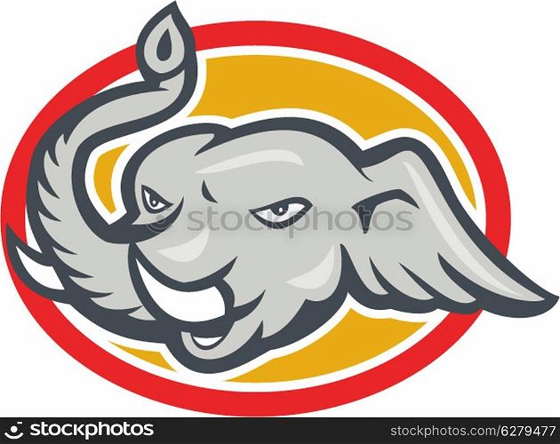 Illustration of an angry elephant headg with tusks viewed from front on isolated background set inside oval.. Elephant Head Cartoon