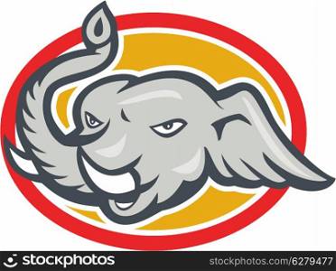 Illustration of an angry elephant headg with tusks viewed from front on isolated background set inside oval.. Elephant Head Cartoon