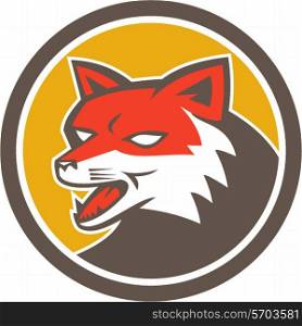 Illustration of an angry fox wild dog wolf head growling set inside circle on isolated background done in retro style. . Red Fox Head Growling Circle Retro