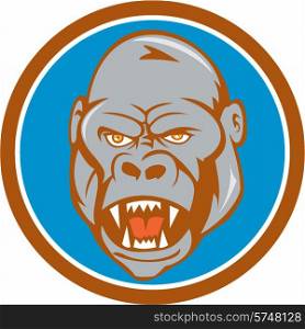 Illustration of an angry gorilla ape head set inside circle on isolated background done in cartoon style.. Angry Gorilla Head Circle Cartoon
