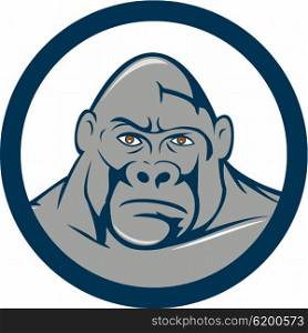 Illustration of an angry gorilla ape head viewed from front set inside circle on isolated background done in cartoon style.. Angry Gorilla Head Circle Cartoon