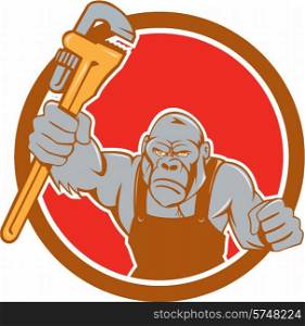 Illustration of an angry gorilla ape plumber with monkey wrench punching facing front set inside circle on isolated background done in cartoon style. . Angry Gorilla Plumber Monkey Wrench Circle Cartoon