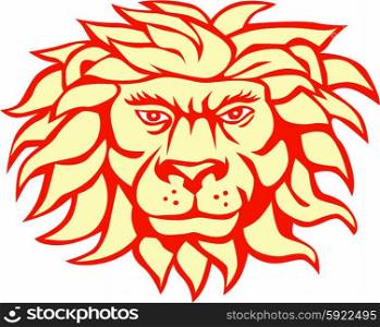 Illustration of an angry lion big cat head with flowing mane viewed from front set on isolated white background done in retro style. . Angry Lion Big Cat Head Retro