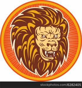 illustration of an angry lion head set inside a circle. angry lion head set inside a circle