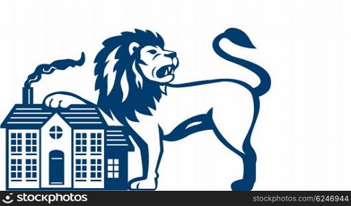 Illustration of an angry lion looking to the side with it&rsquo;s paw on house set on isolated white background viewed from front done in retro style.
