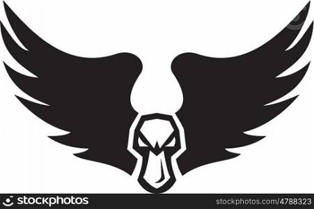 Illustration of an angry mallard duck head and wings set on isolated white background viewed from front done in retro style. . Angry Mallard Duck Head Wings Retro